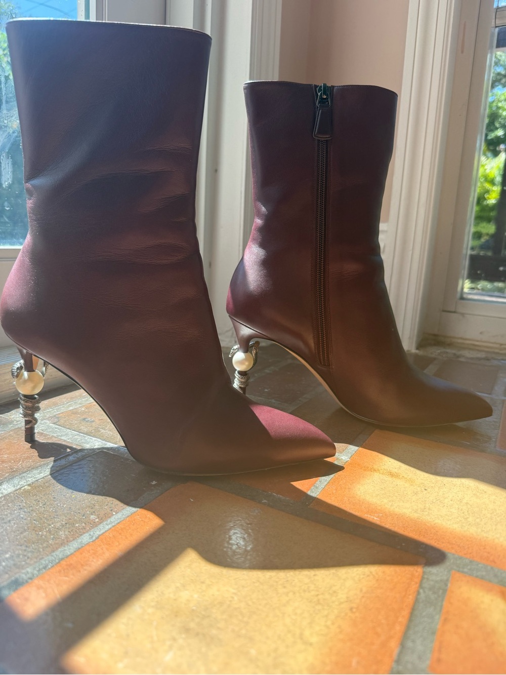 CHANEL Burgundy Pointed-Toe Mid-Calf Heeled Boots